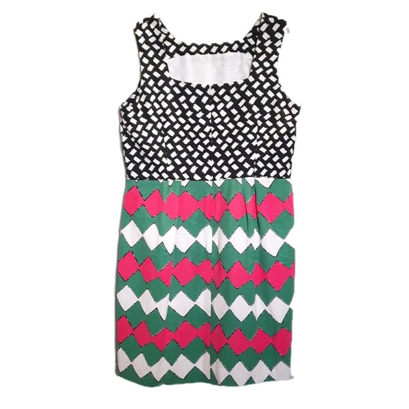 Boden Kiera Linen Sleeveless Black White Pink Green Harlequin Sheath Dress 16L - Picture 2 of 3